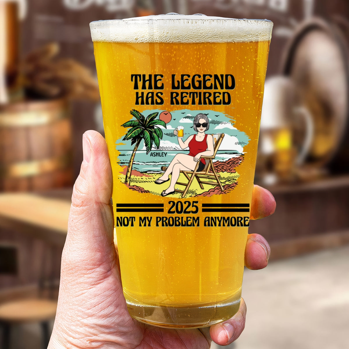The Legend Has Retired Vintage Beach Personalized Beer Glass, Retirement Gift For Beach Lovers, Dad, Mom, Grandpa, Grandma