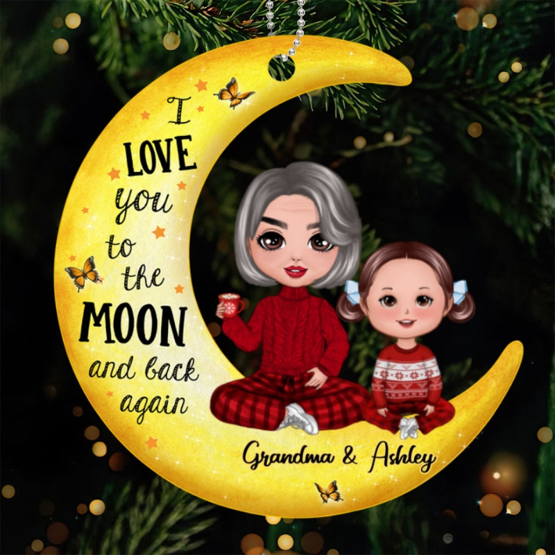 Doll Grandma & Grandkids On Yellow Moon Personalized Custom Shaped Acrylic Ornament