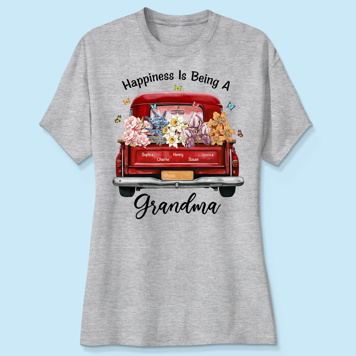Happiness Is Being A Grandma Mom Birth Month Flowers Truck Personalized Shirt, Mother's Day gift for Moms, Grandmas
