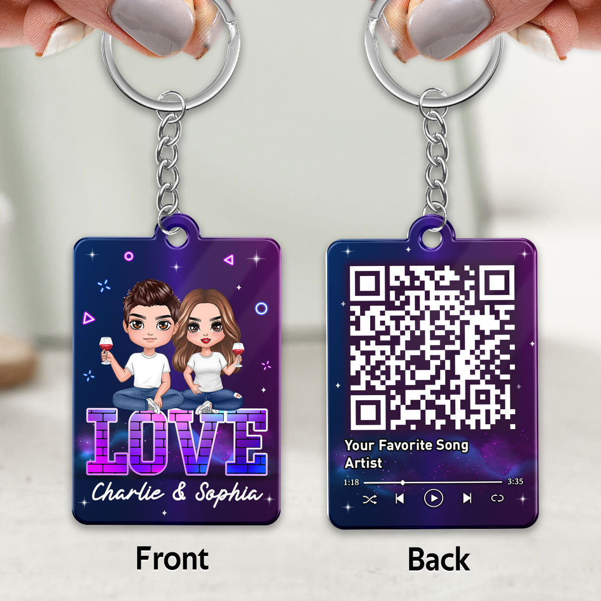 Doll Couple Sitting On Neon Brick Favorite Song QR Code Personalized Acrylic Keychain