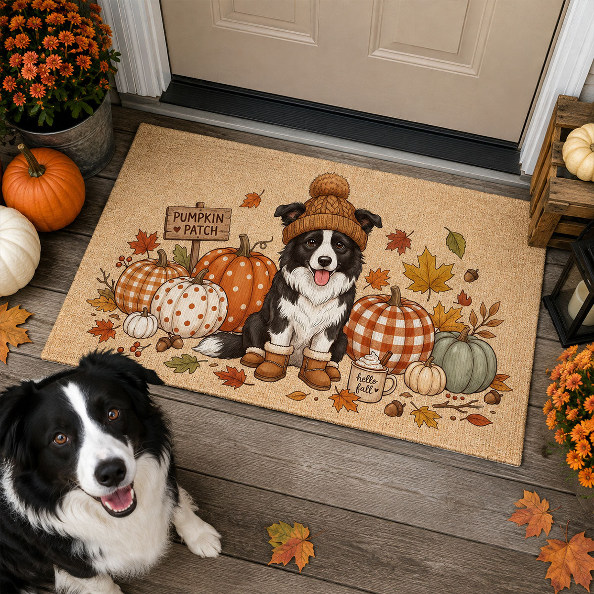 Hello Fall Custom Dog Cat Pet Portrait from Photo - Personalized Doormat - Cozy Fall Decor for Pet Lovers