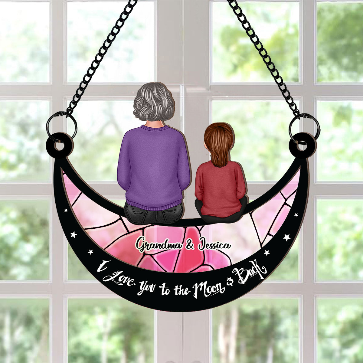 Grandma Grandkid On Moon Personalized Window Hanging Suncatcher Ornament, Gift for Mom, for Grandma