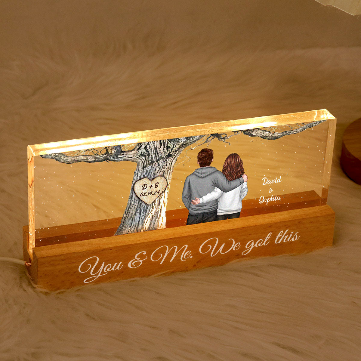 Couple Back View Engraved Tree Personalized Acrylic Block LED Night Light,  Gift, Anniversary Gift for Him for Her