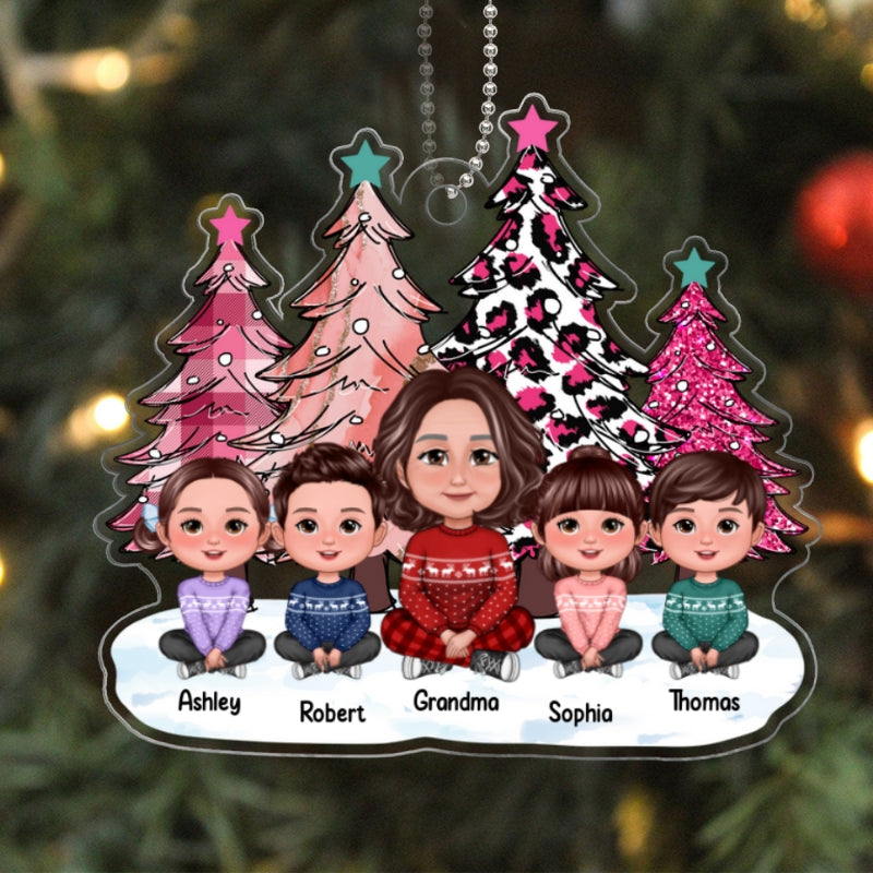 Pink Leopard Checkered Christmas Tree Grandma Grandkids Personalized Acrylic Ornament