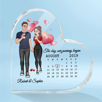 Cartoon Couple Hand In Hand Anniversary Date Calendar Personalized Acrylic Heart Plaque - Gift For Him Gift For Her