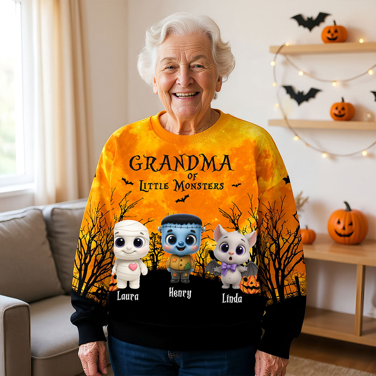 Grandma Mom Cute Little Monsters Halloween Moon Light Bat Tree Personalized 3D Sweatshirt, Purrfect Costume for Grandma