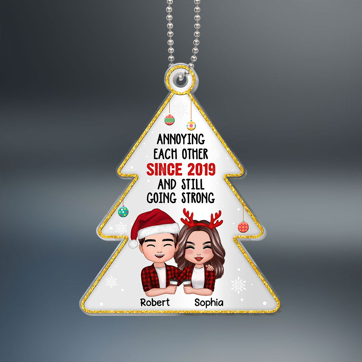 Annoying Each Other Since Doll Couple Hugging Holding Drinks Personalized Christmas Tree Shaped Acrylic Ornament