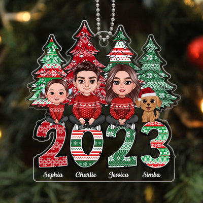 Ugly Sweater Pattern Family Sitting Crossed Legs Personalized Acrylic Ornament