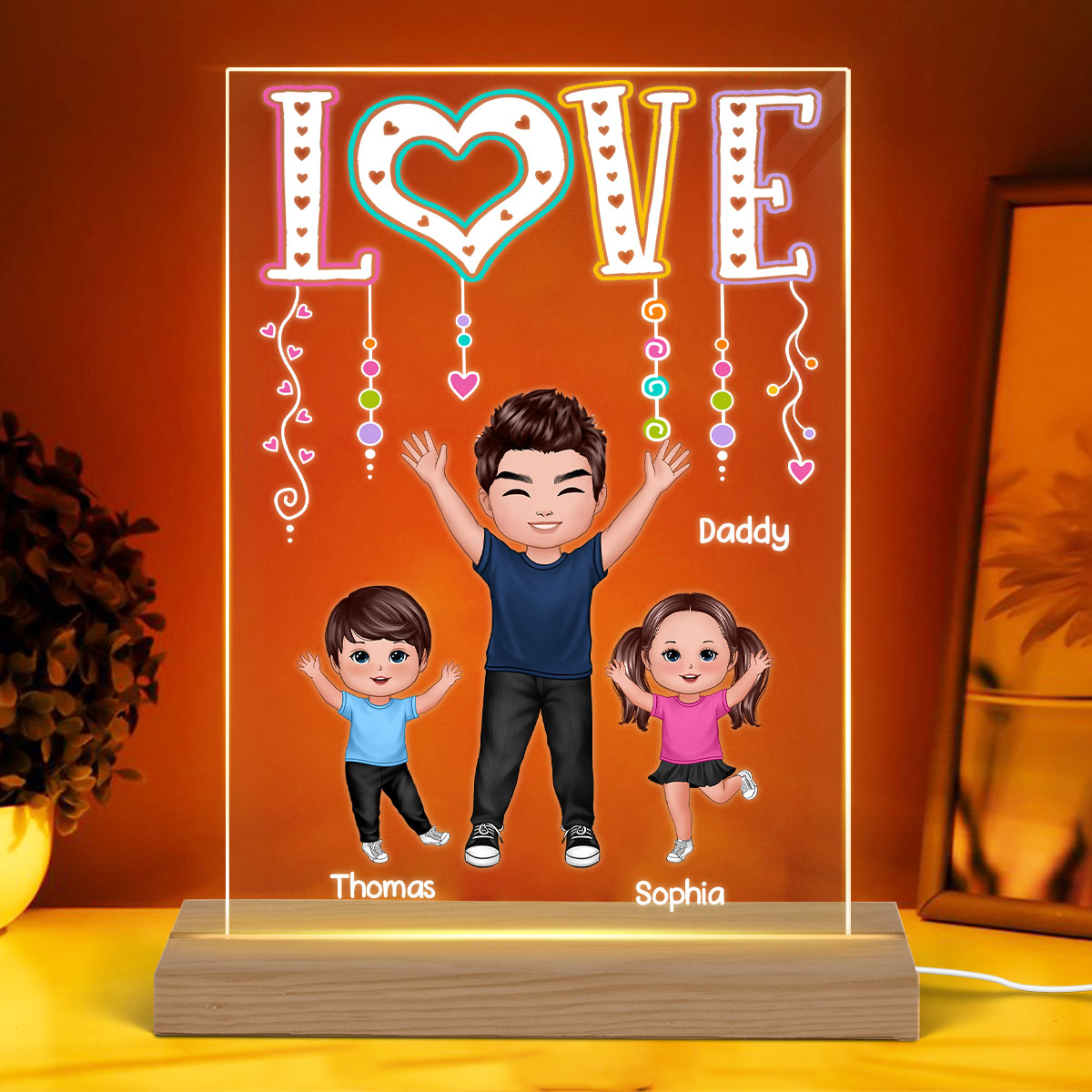 LOVE Happy Doll Dad Grandpa With Kids Personalized Rectangle Acrylic Plaque LED Night Light