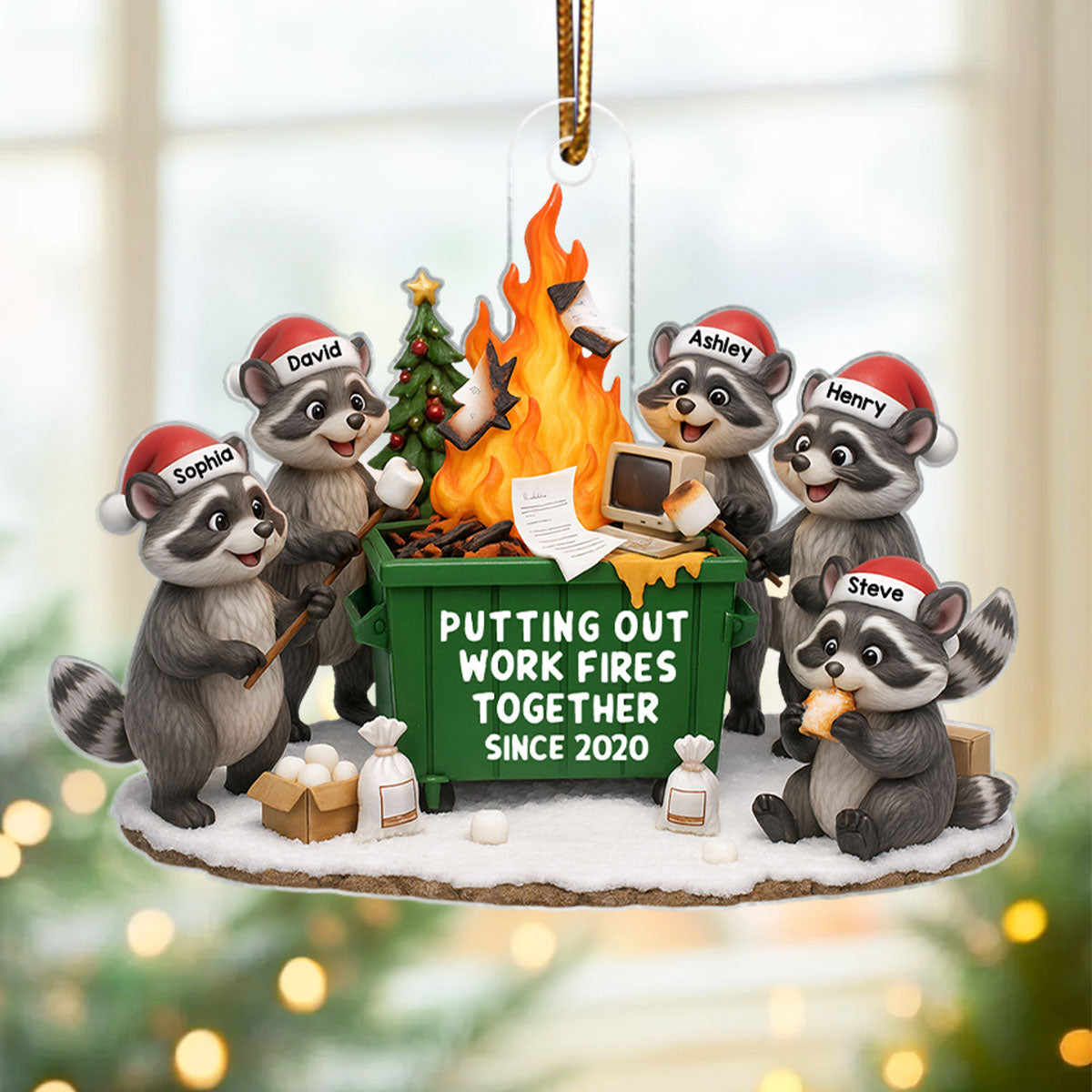 Funny Raccoon Putting out Work Fire Together Dumpster Fire - Personalized Acrylic Ornament - Funny Holiday Gift for Coworkers
