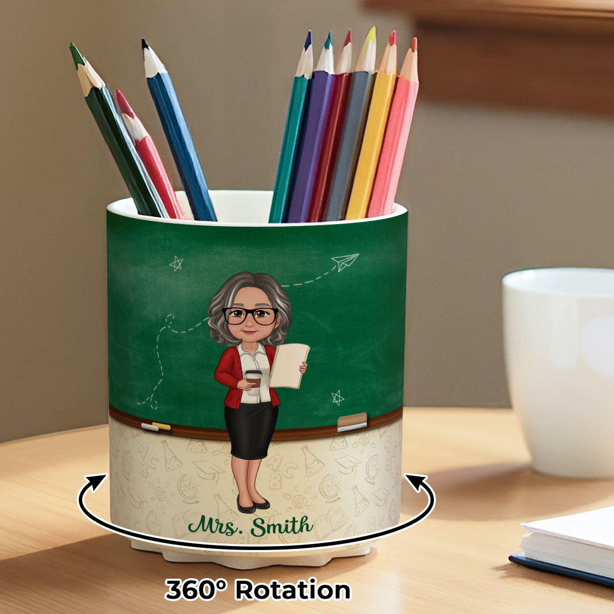 Green Board Teach Love Inspire Personalized Rotating Pen Holder, Teacher Appreciation Gift, Back To School Gift