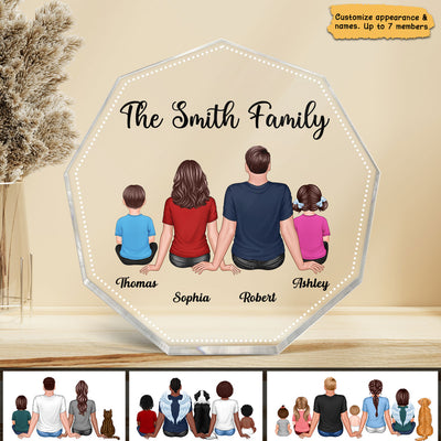 Family Couple Kid Dog Cat Sitting Back View Family Keepsake Decor Personalized Nonagon Acrylic Block Plaque