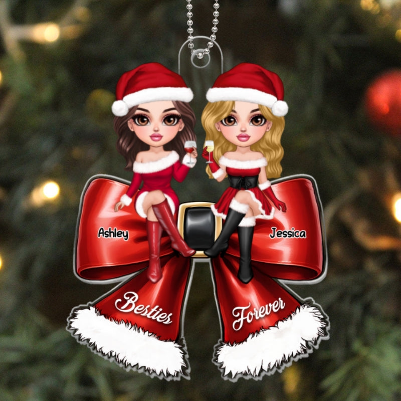 Pretty Christmas Besties Coquette Bow Personalized Acrylic Ornament