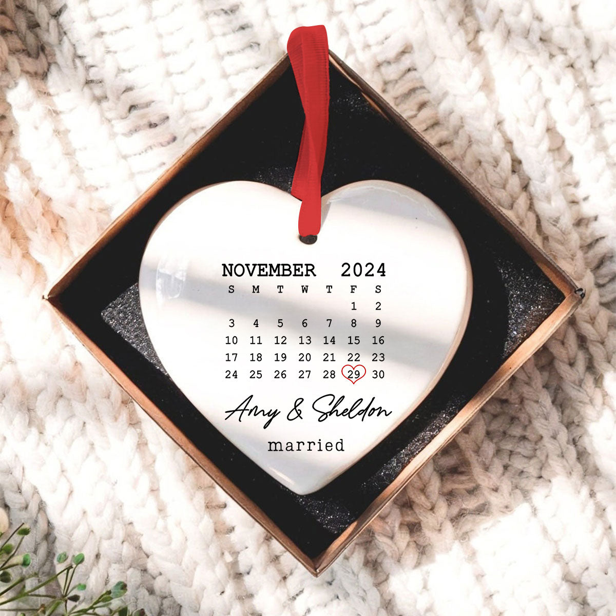 Couple Married Wedding Date Calendar Personalized Ceramic Heart Ornament, Wedding Gift,  Anniversary Gift, Our First Christmas, Newlywed Gift, Wedding Gift