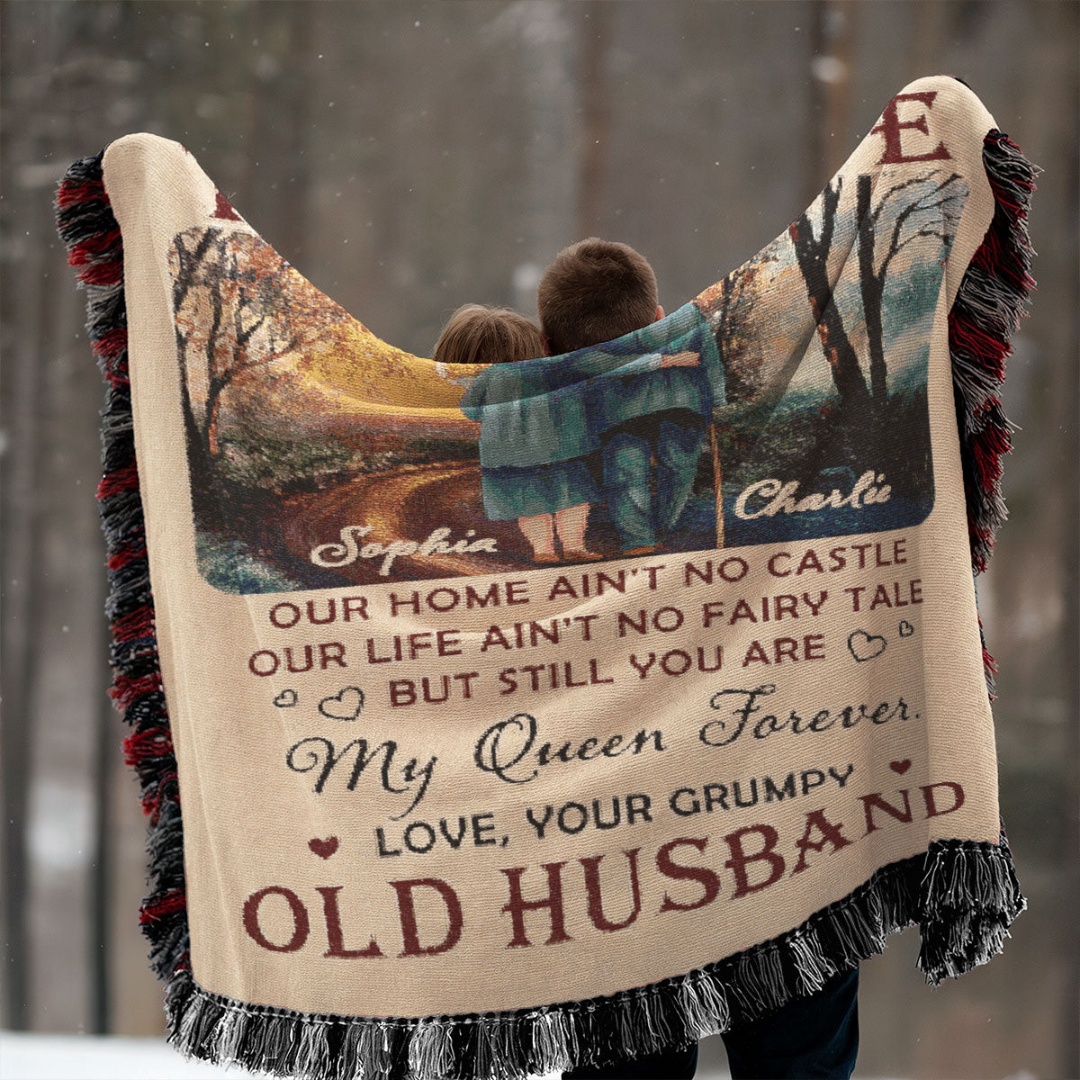 To My Wife Husband Old Couple Walking Together Personalized Tapestry Woven Blanket