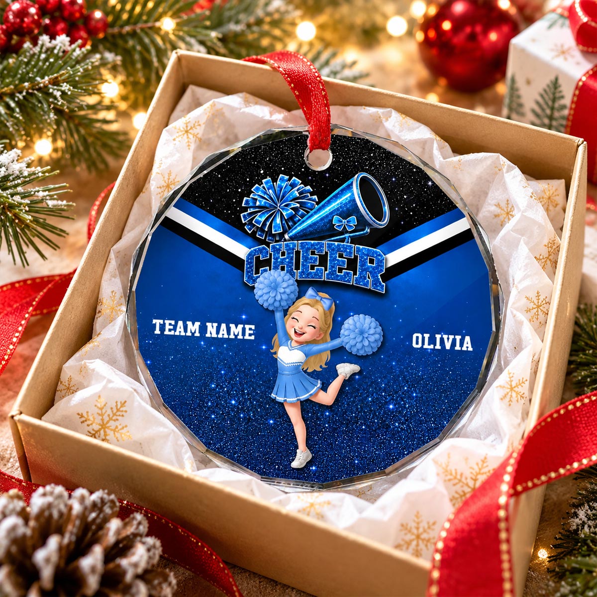 Proud Cheerleader Custom Name And Team Name - Personalized Glass Ornament - Christmas Gift For Cheerleaders, Daughter, Granddaughter