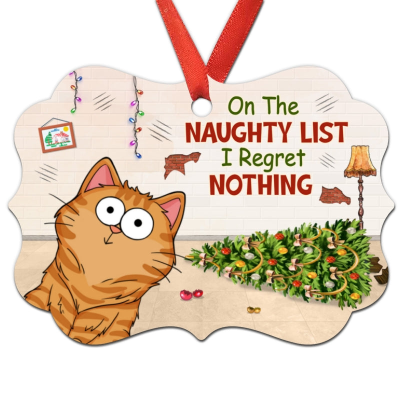 Fluffy Funny Cats Expressions On The Naughty List Regret Nothing Personalized Christmas Ornament