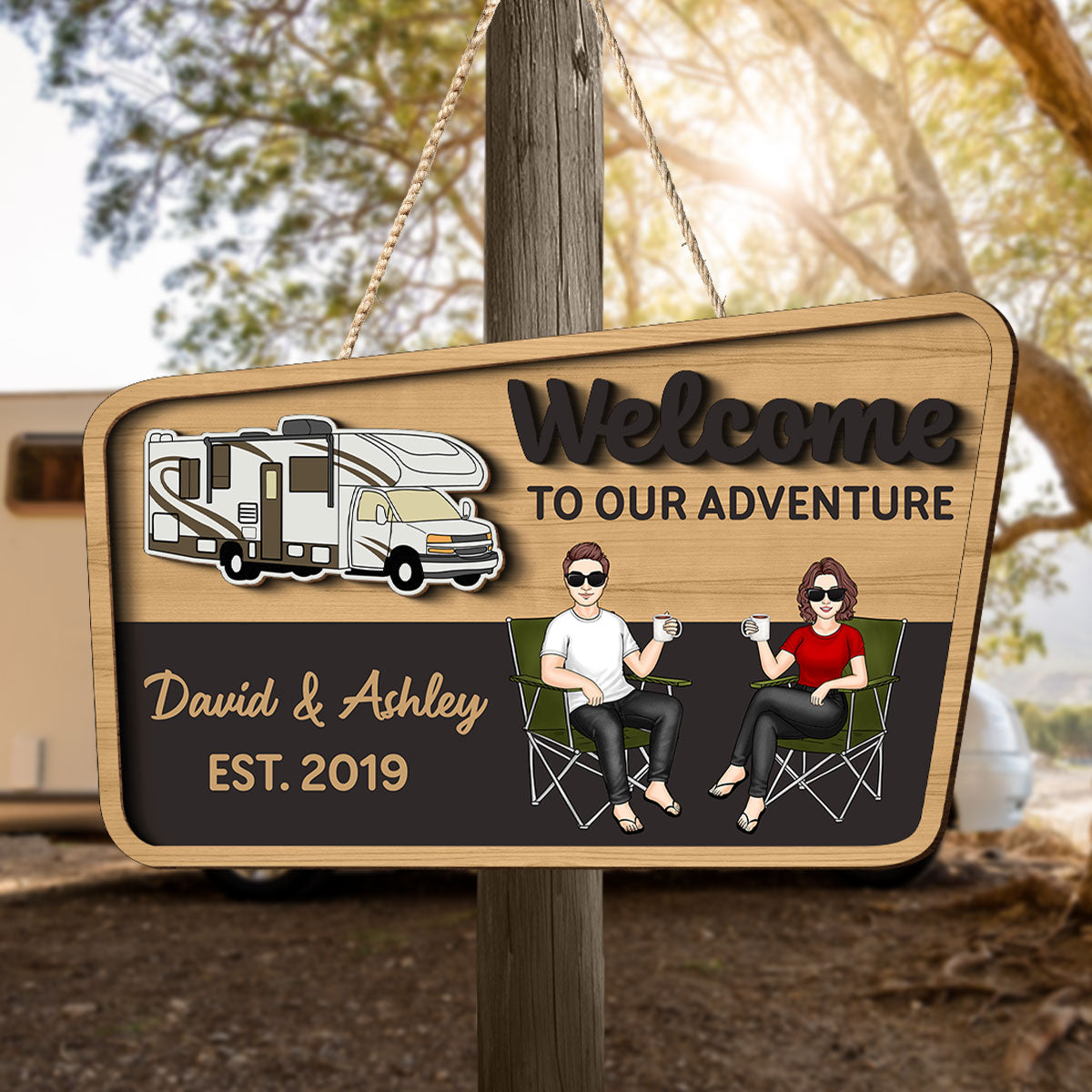 Welcome To Our Adventure Camping Life Personalized 2-Layer Wooden Door Sign, Outdoor Sign Home Decor