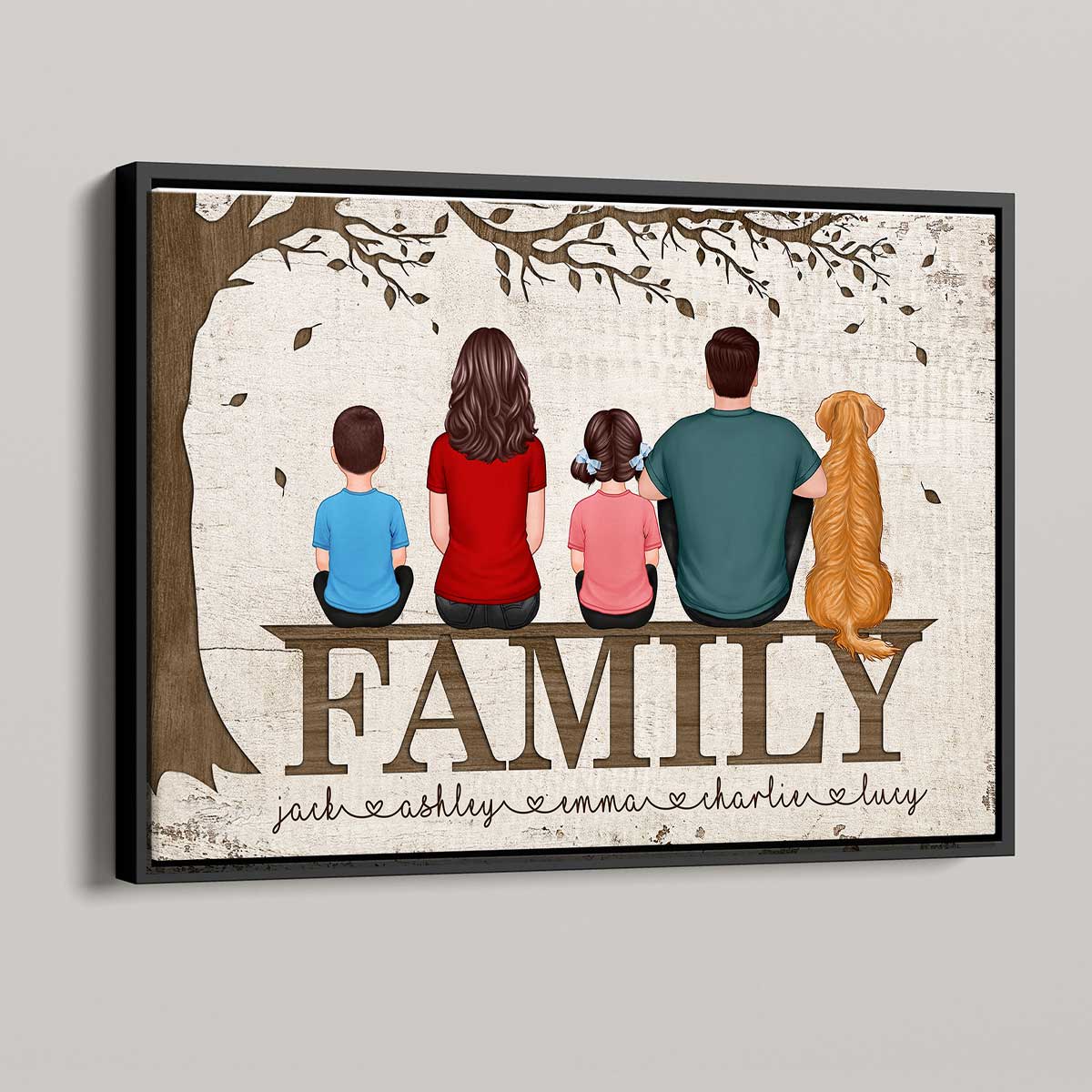 Family Couple Kid Dog Cat Back View Sitting Under Tree Personalized Horizontal Poster