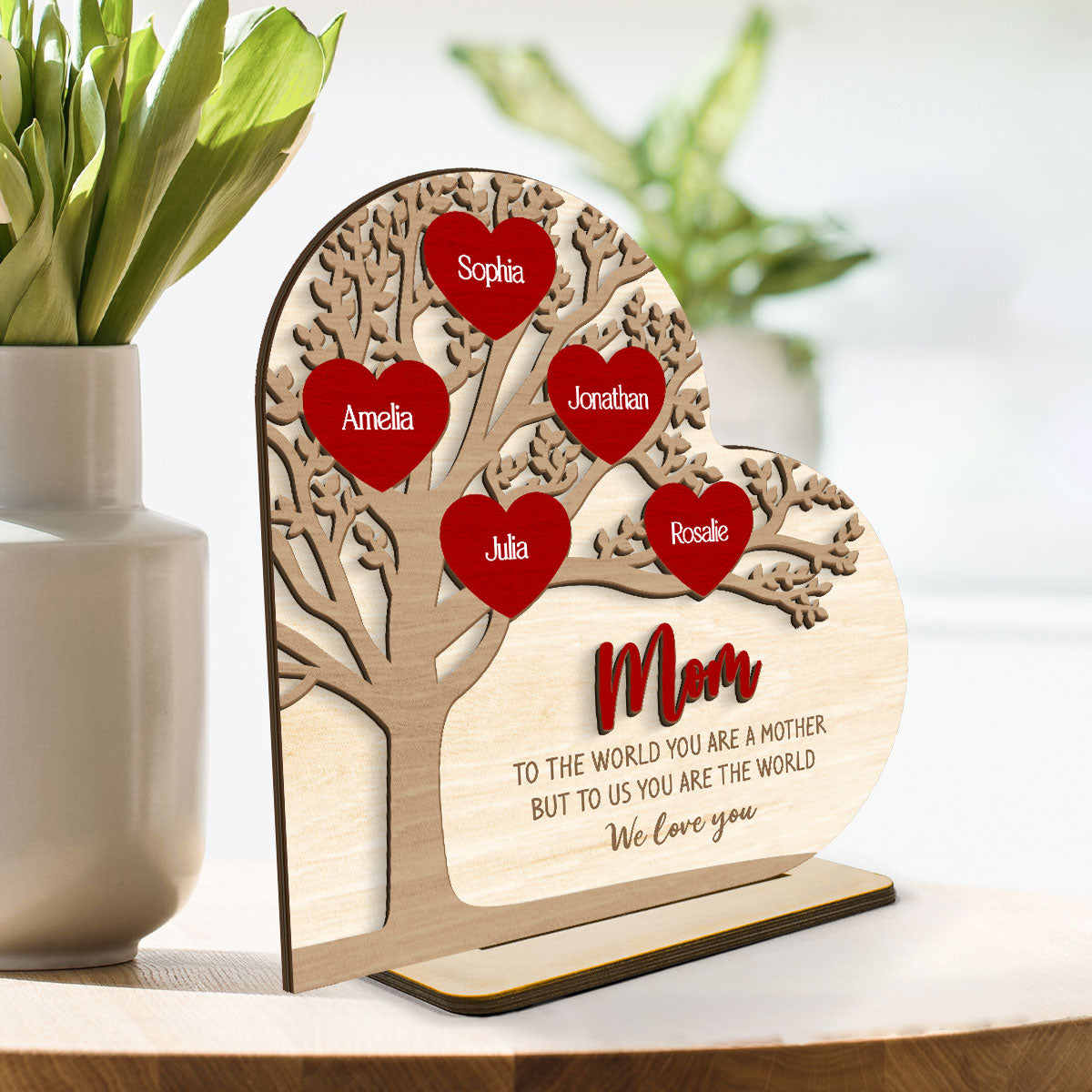 Personalized Family Tree Heart Standing Wooden Plaque, Mother's Day, Birthday Gift for Moms