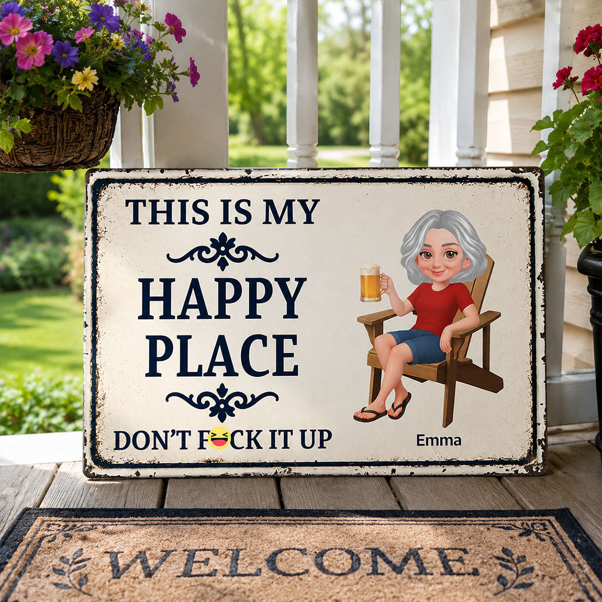 Couple This Is Our Happy Place - Personalized Metal Sign - Funny Sarcasm Decoration For Patio, Garden, Farmhouse Porch, Man Cave, Garage