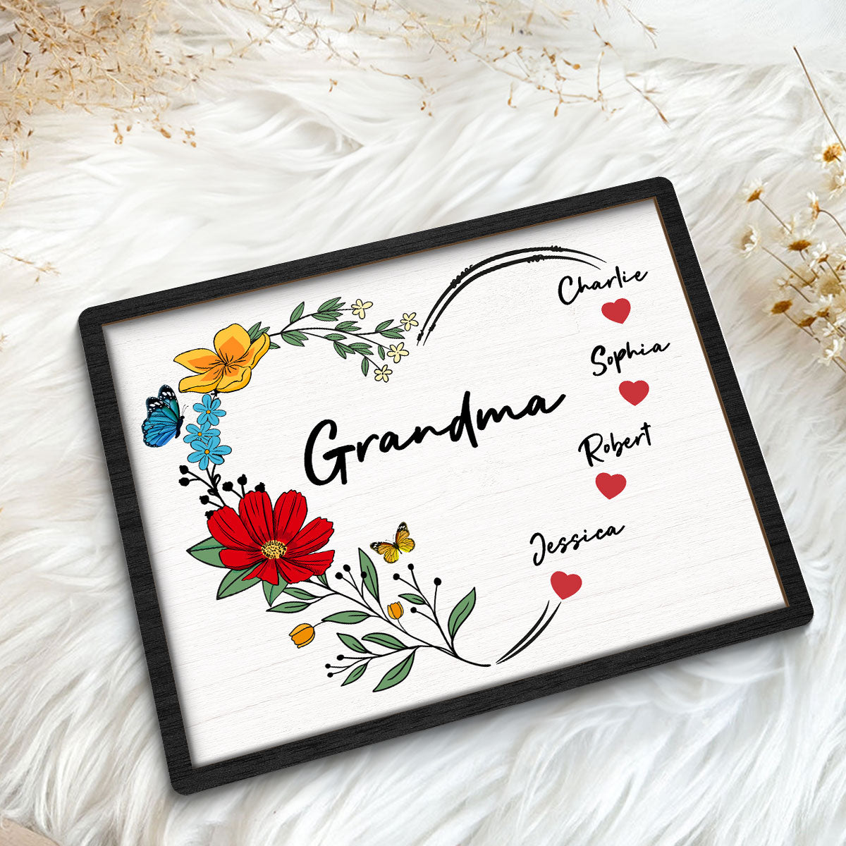 Grandma Mom Hearts Flower Kids Names Personalized 2-layer Wooden Plaque