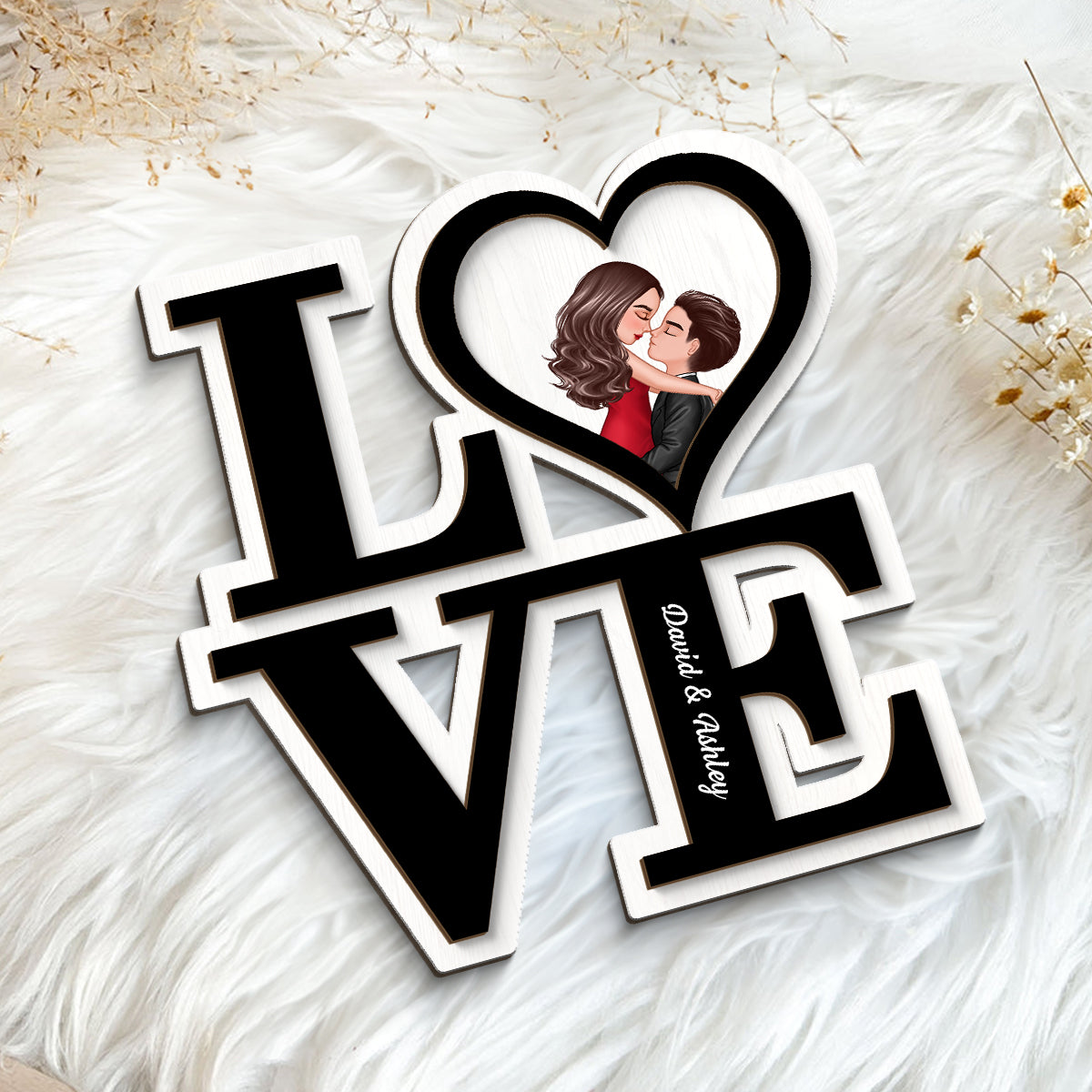 LOVE Stacked Couple Hugging Kissing  Gift For Him Gift For Her Personalized 2-layer Wooden Plaque