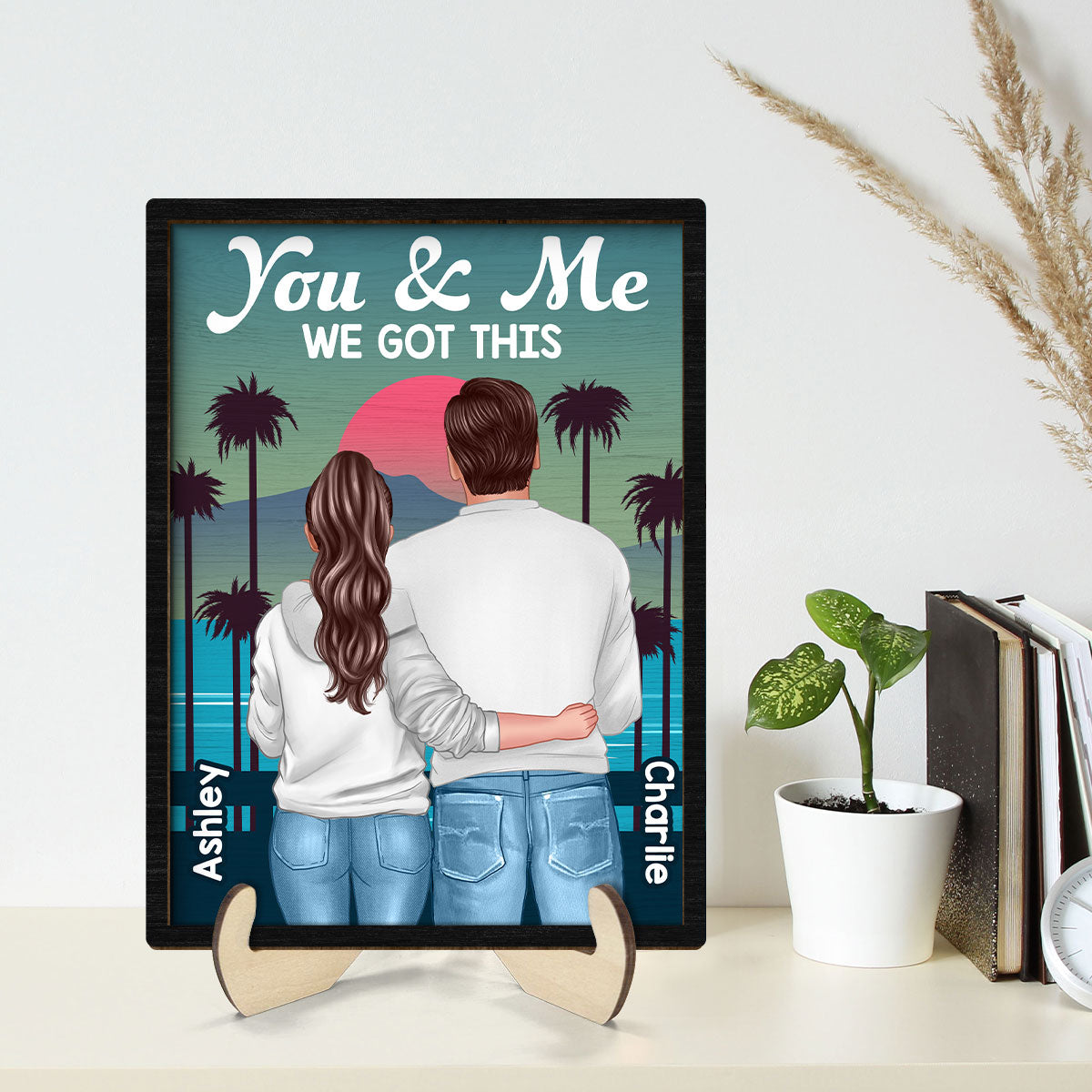 Retro Back View Couple Standing Hugging