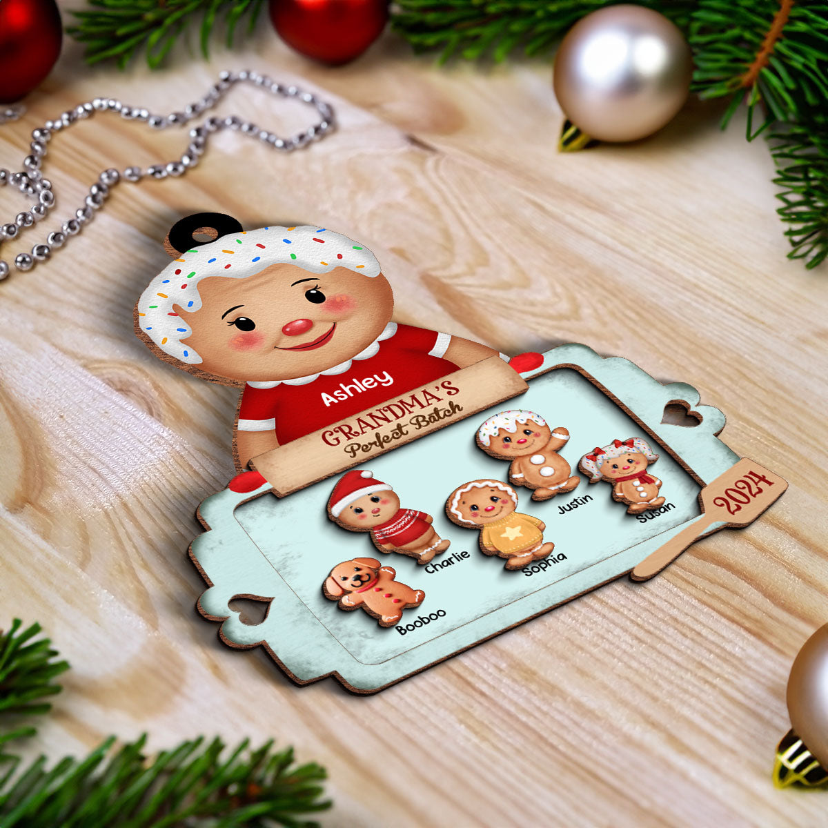 Christmas Grandma's Perfect Batch Grandkids Dogs Cats Personalized 2-Layer Wooden Ornament