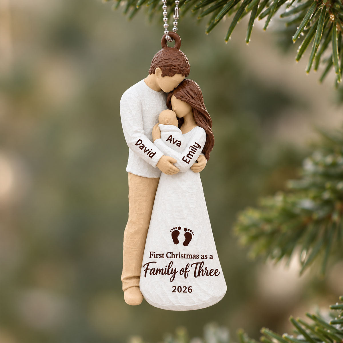 3D Figure First Christmas As Family Of Three - Personalized 3D Printed Ornament - First Christmas Keepsake For New Parents