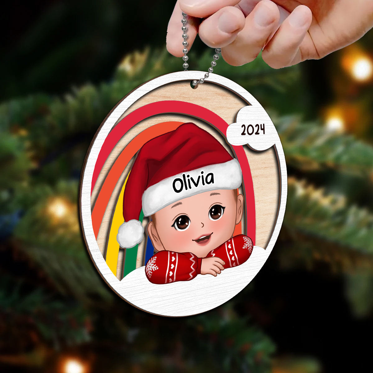 Cute Kid Rainbow Christmas Decor For Son Daughter Grandchildren Personalized 2-Layer Wooden Ornament