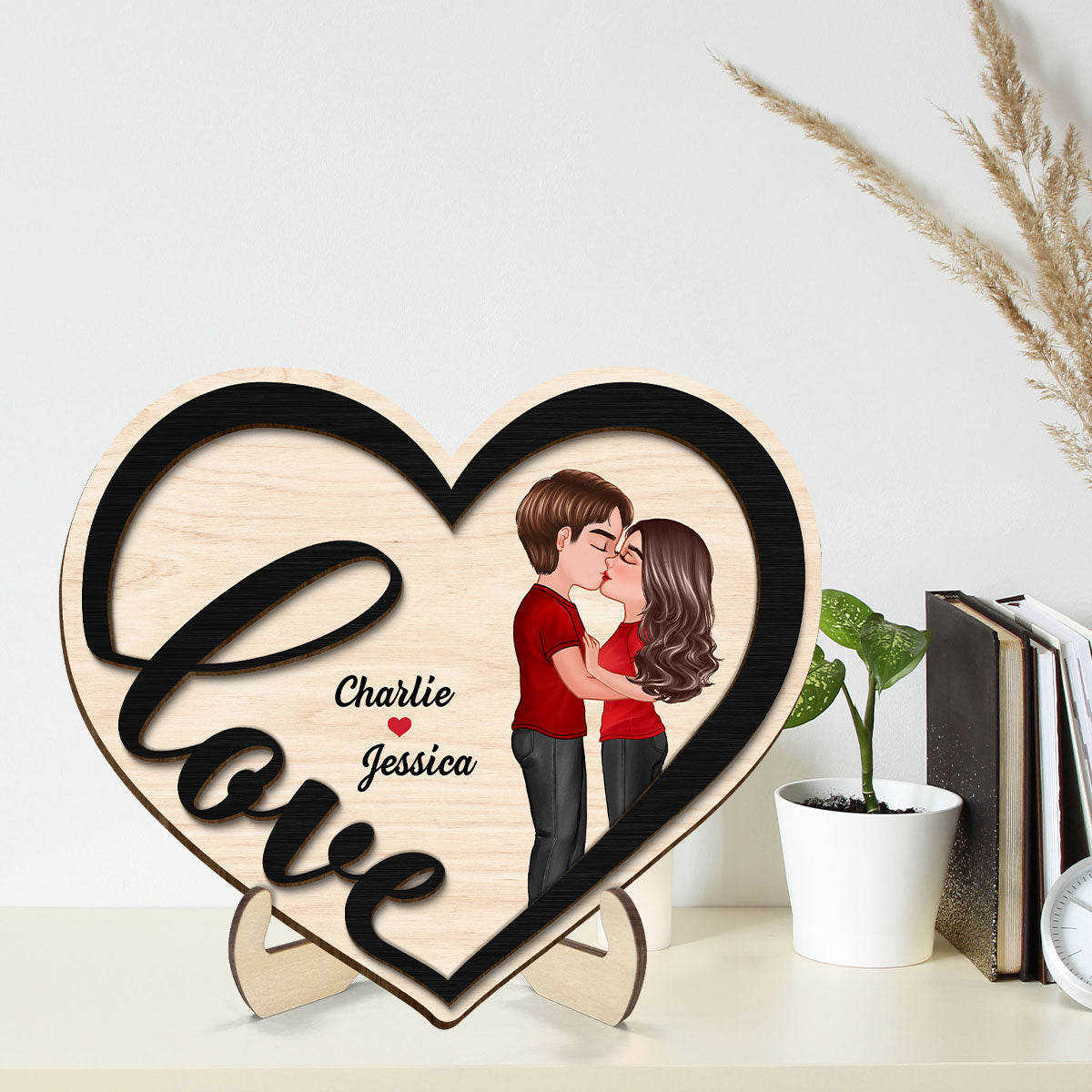 Couple Love Heart Kissing Standing Personalized 2-layer Wooden Plaque