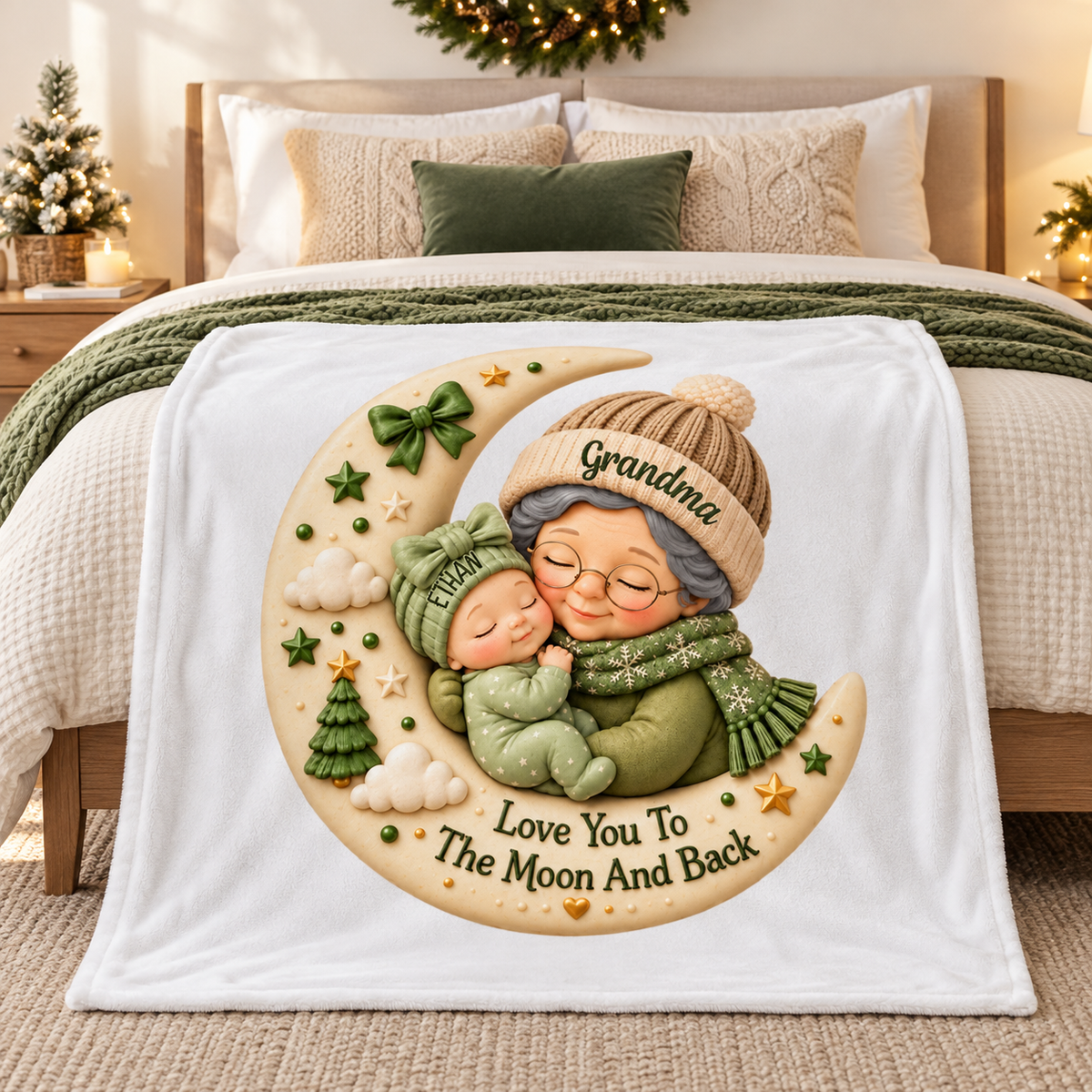 First Christmas as Grandma Love to the Moon and Back - Personalized Fleece Blanket - Christmas Gift for Grandma