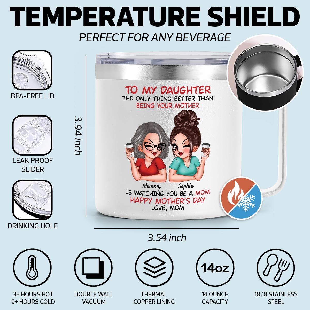 To My Daughter From Mom Happy Mother's Day Personalized Stainless Tumbler With Handle