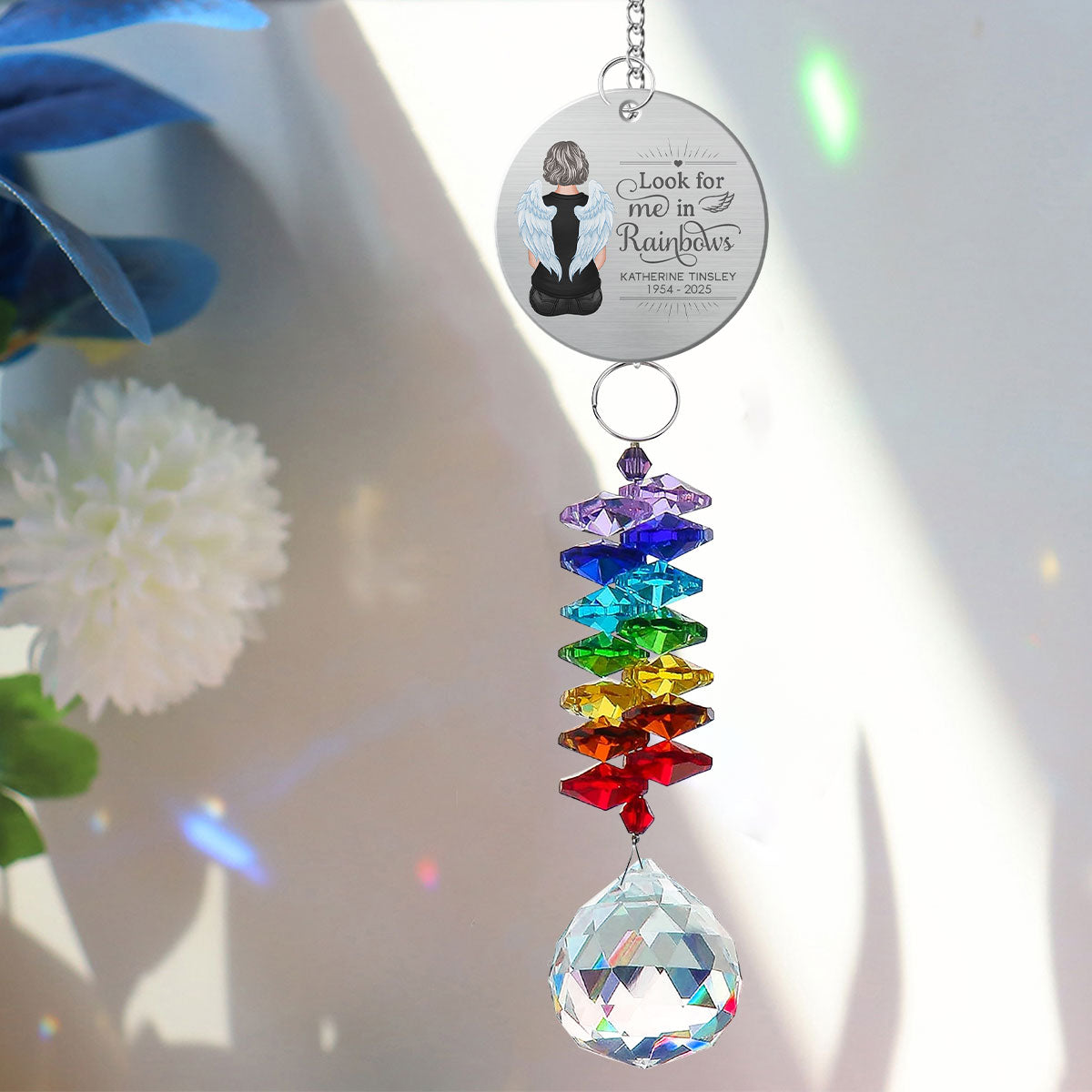 Family Memorial Look For Me In Rainbows Personalized Crystal Suncatcher With Aluminum Charm