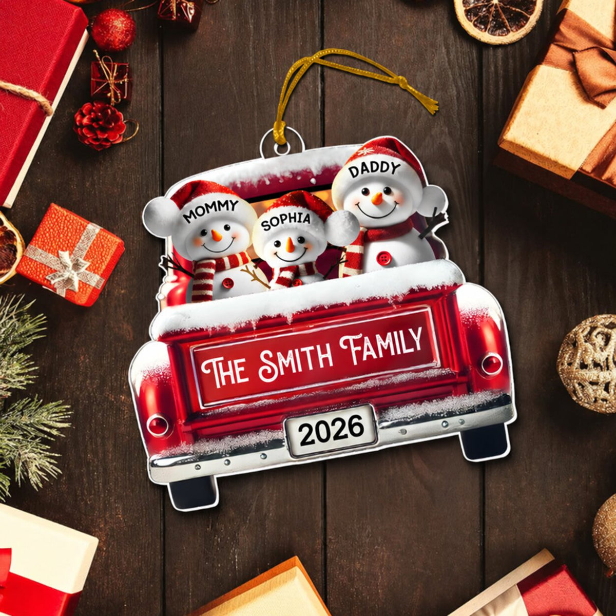 Personalized Snowman Family Acrylic Christmas Ornament, Red Truck Custom Name 3D Effect Ornament