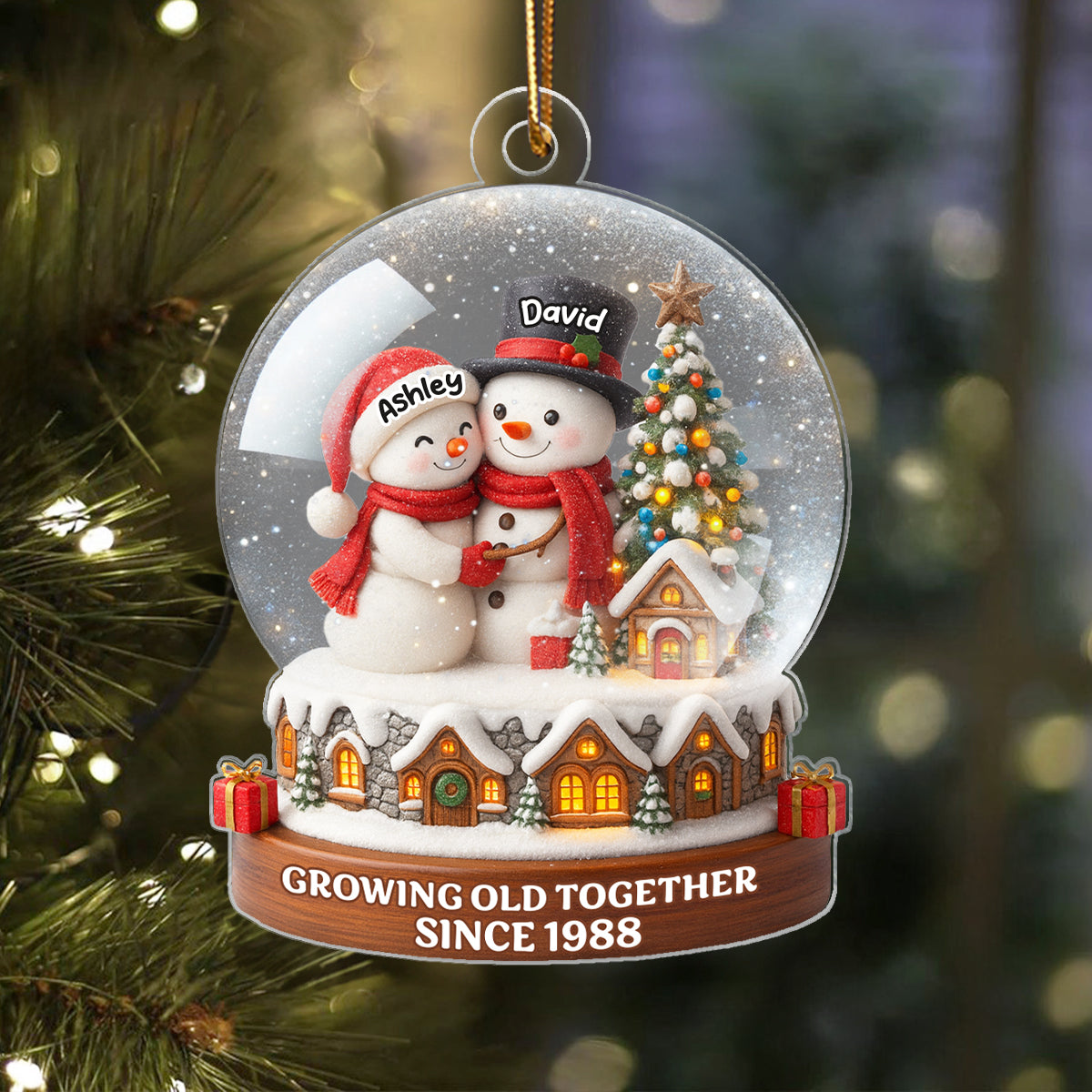 Snow Globe Snowman Couple Growing Old Together Personalized Acrylic Ornament, 3D Effect, Christmas Gift for him, Gift for her