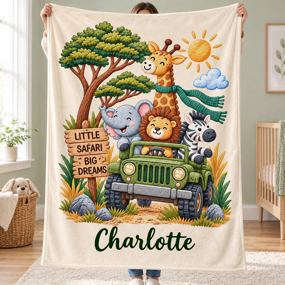 Little Safari Big Dreams Custom Name - Personalized Fleece Blanket - Baby Shower Gift, Birthday Gift For Baby Boys, Girls, Toddlers, Grandkids