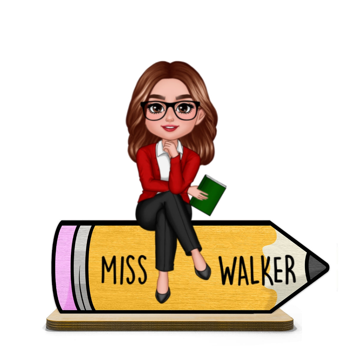 Doll Teacher Sitting On Pencil Personalized 2-Layer Standing Wooden Plaque, Back To School Gift For Teacher, Office Decor