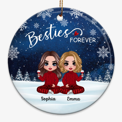 Doll Besties Sitting Snow Background Personalized Circle Ornament