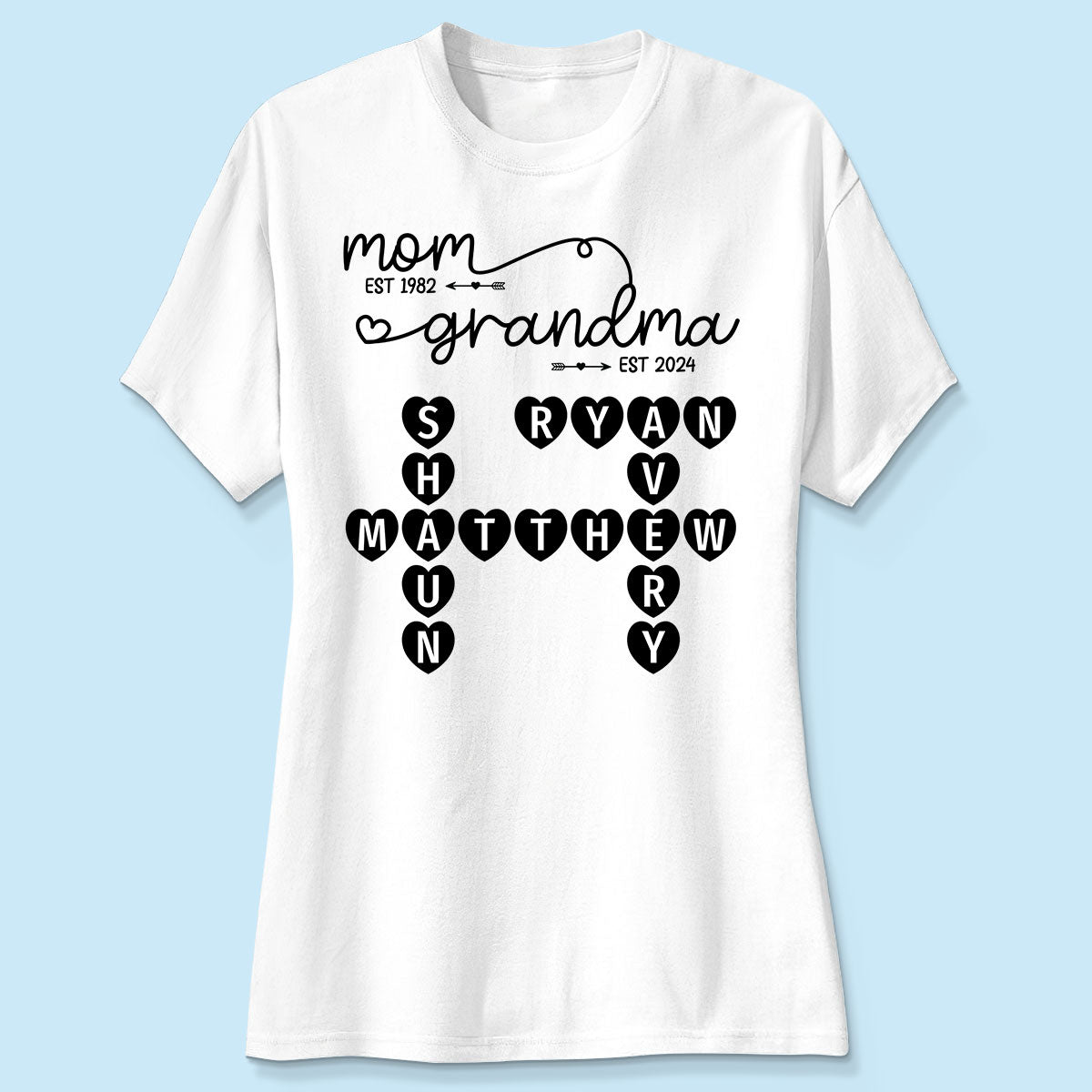Mom Grandma Est. Swirl Crossword Puzzle Art Personalized Shirt