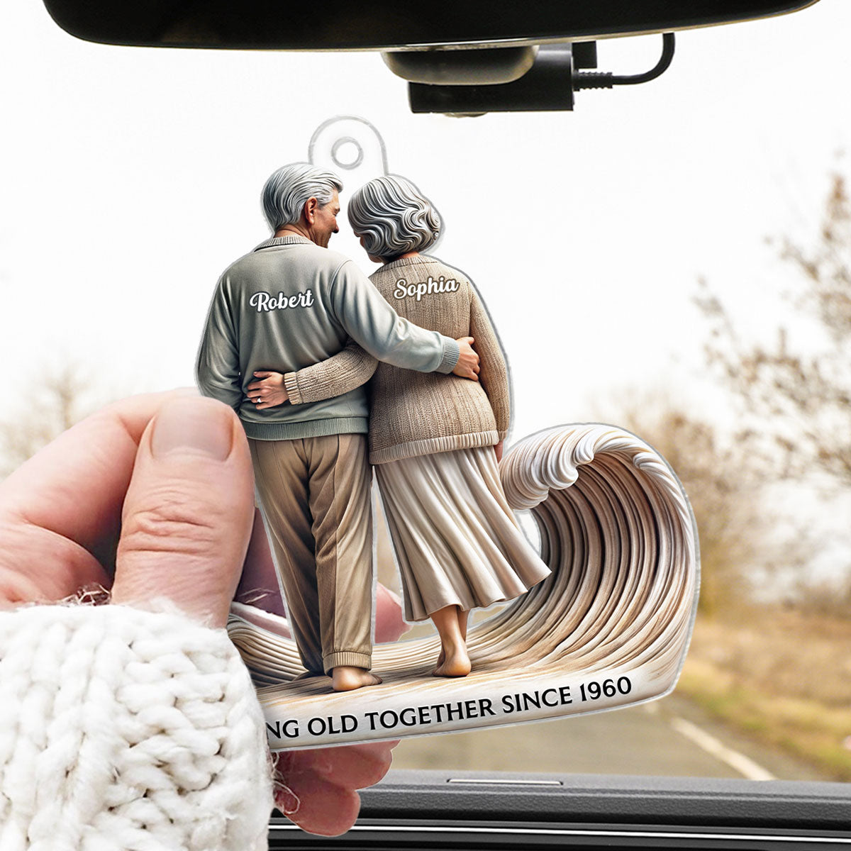 3D Effect Old Couple Embracing Walking Together On The Beach Personalized Car Hanger Ornament, Heartfelt Gift For Couple, For Him, For Her, Husband, Wife