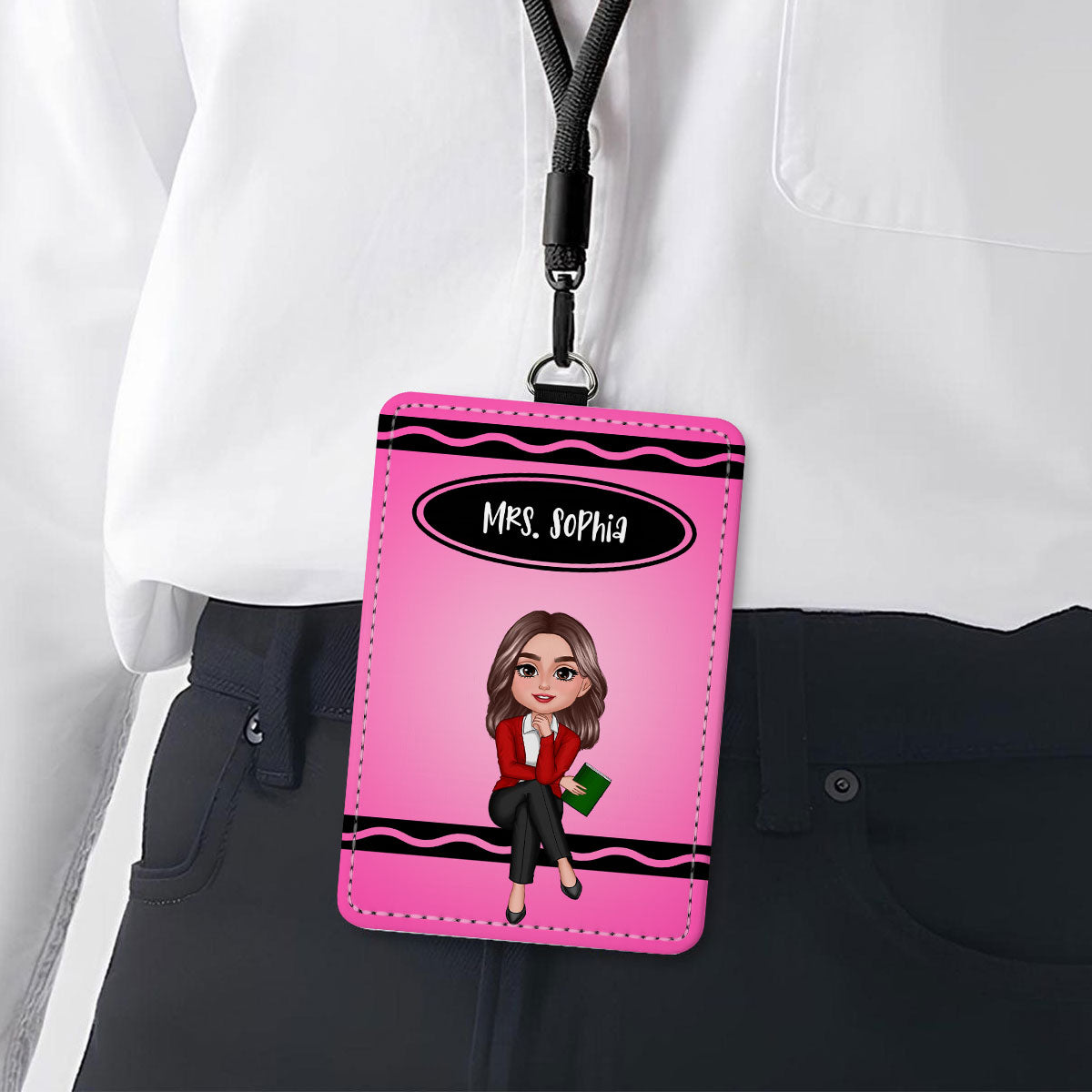 Crayon Themed Teacher Sitting Personalized ID Badge Holder, Back To School Gift