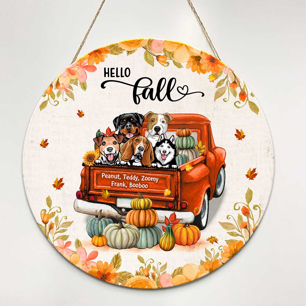 Hello Fall Dogs On Truck Personalized Wooden Door Sign