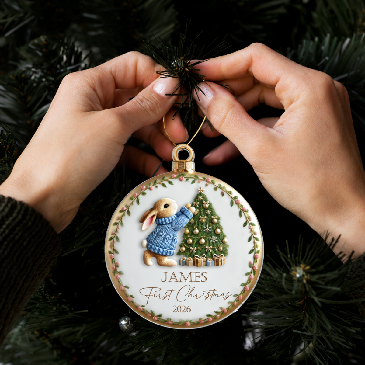 Baby's First Christmas Cute Pink Blue Bunny Rabbit For Baby Boy Girl Personalized Acrylic Ornament, New Parents Keepsake, Gift For Newborn