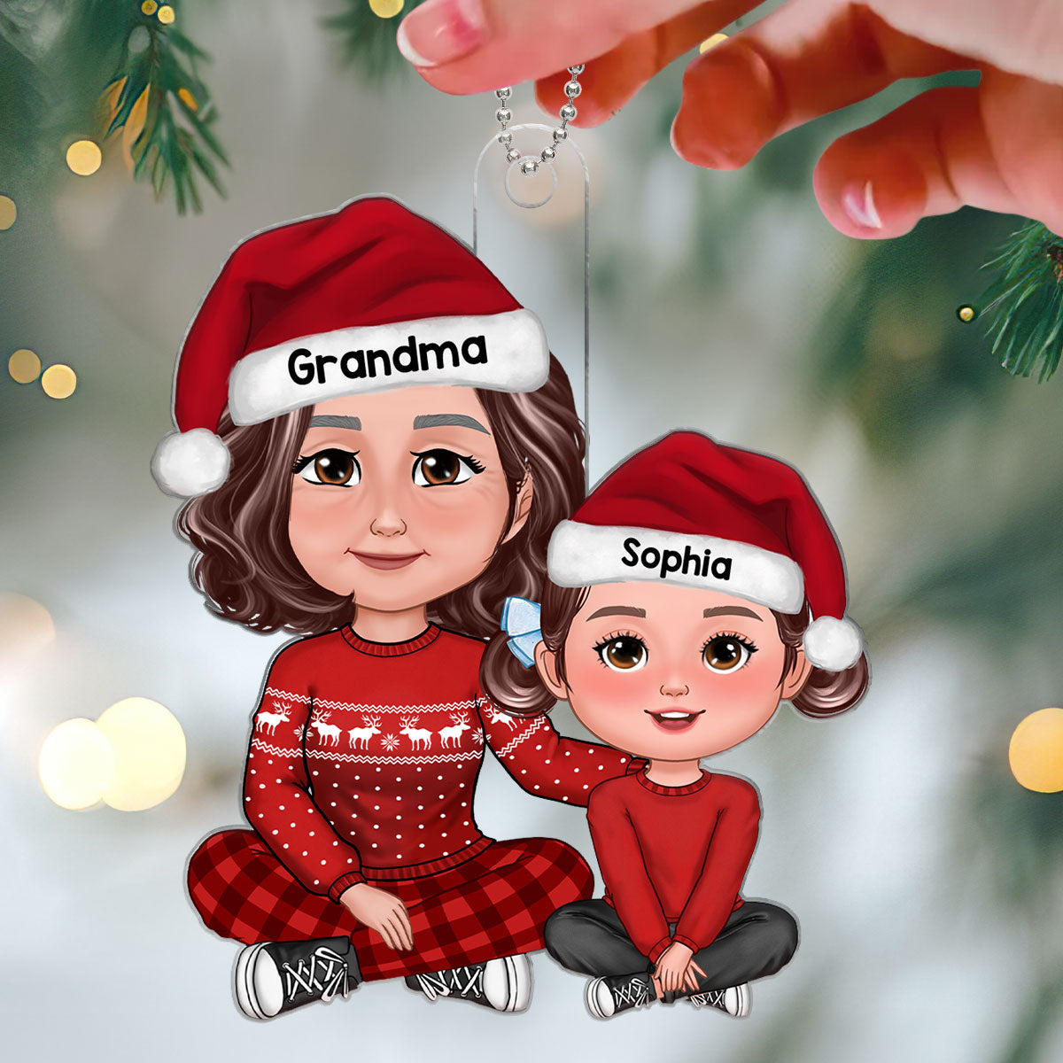 Cute Grandma Granddaughter Grandson Embracing Crossed Legs Personalized Acrylic Ornament
