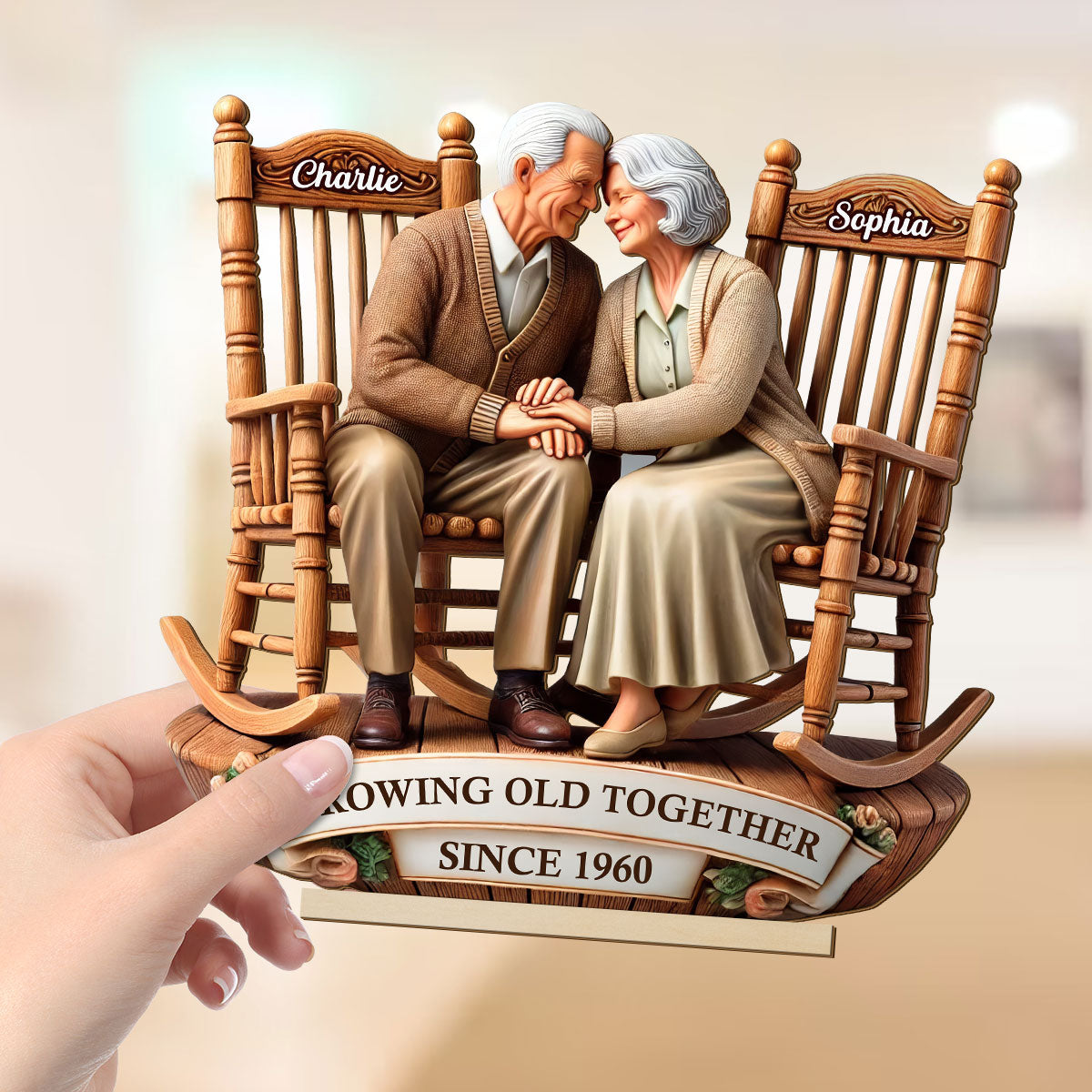 3D Effect Old Couple Sitting On Rocking Chairs Together - Personalized Wooden Plaque - Heartfelt Gift For For Her, For Wife