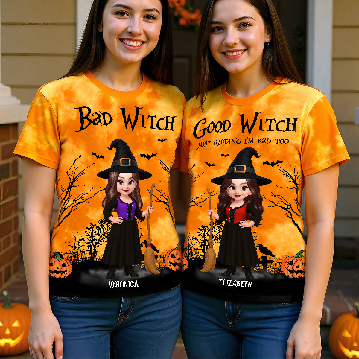 Halloween Witch Besties Good Witch Bad Witch Matching Personalized 3D Shirt