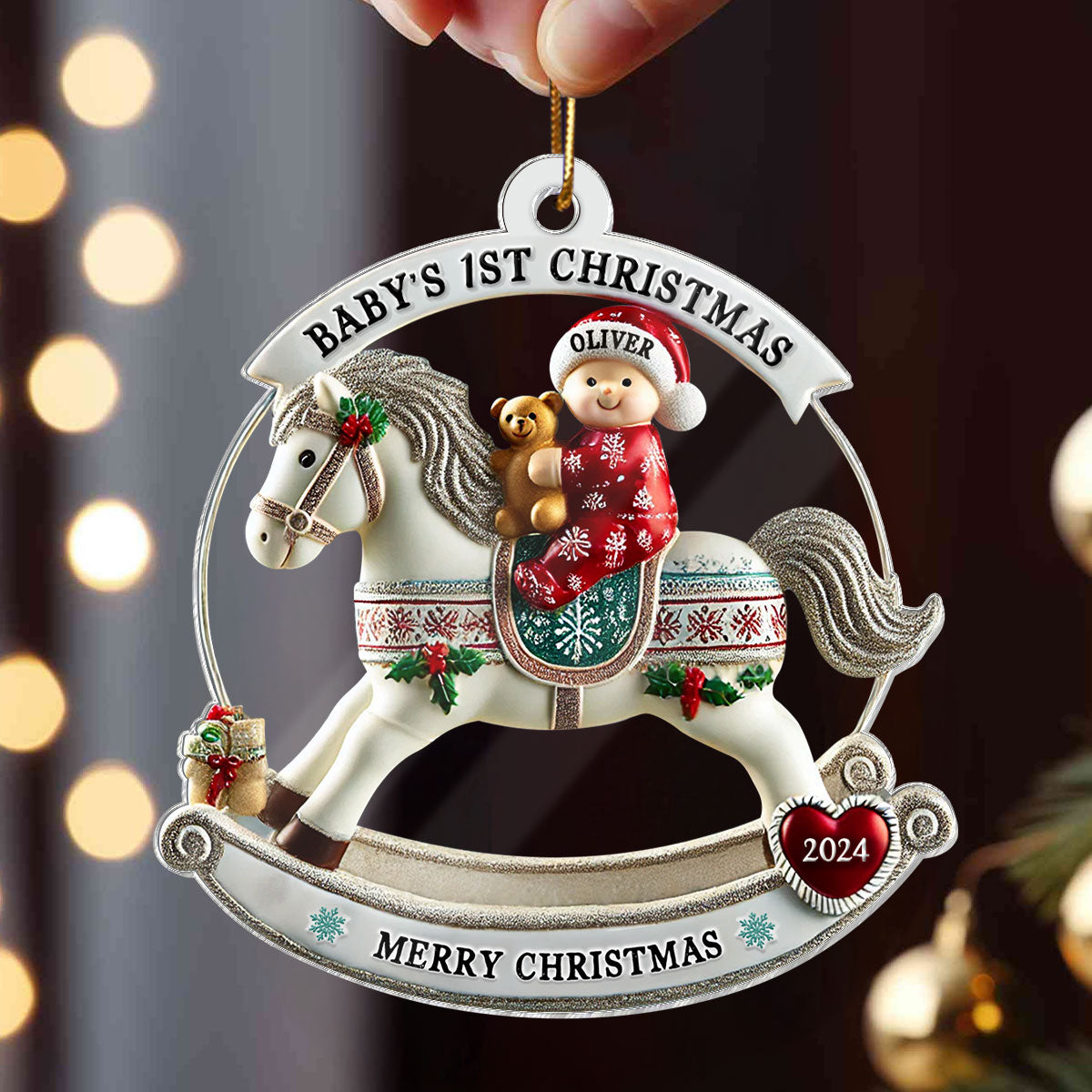 Baby First Christmas Newborn On Horse Keepsake 3D Effect Personalized Acrylic Ornament