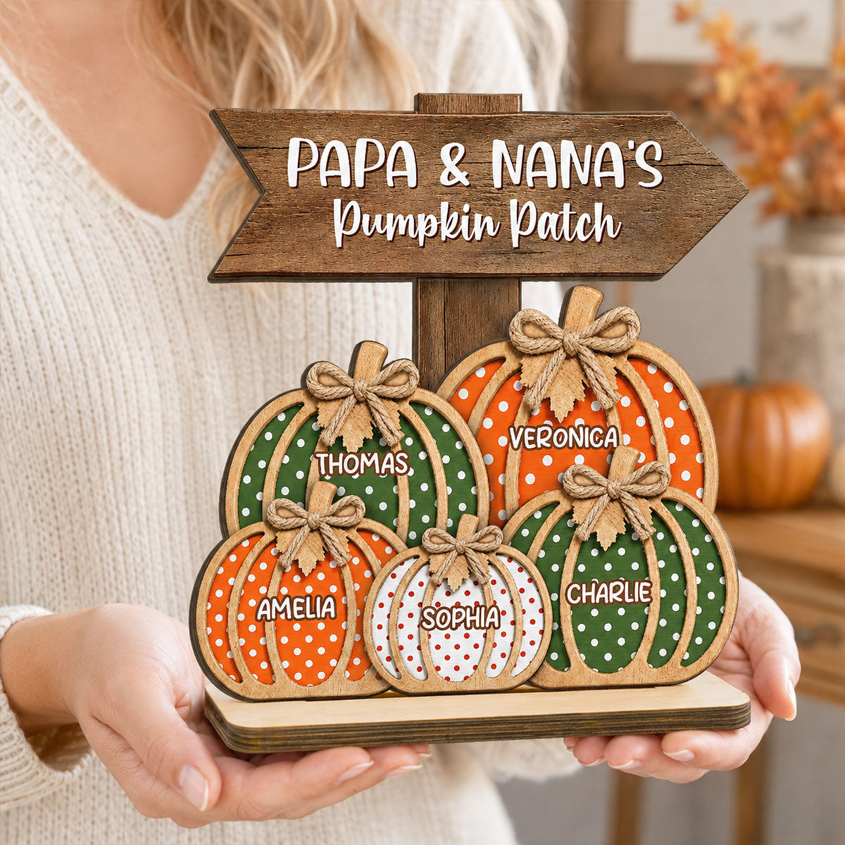 Fall Season Polka Dot Grandma's Pumpkin Patch - Personalized 2-Layered Wooden Plaque - Fall Decor For Grandma, Grandparents